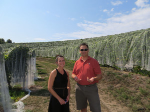 Coryn Briggs, Director of Marketing, and Lee Lutes of Blackstar Farns.  Extensive bird netting is a necessity at Black Star where grapes can ripen into October.