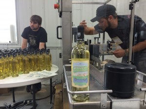 Winemaker Sam Jennings makes final adjustments to the labeler as Logan Ellenbecker puts bottles on the conveyor belt. The first bottle labeled is Crusin' White, which is a blend of Brianna and Edelweiss.